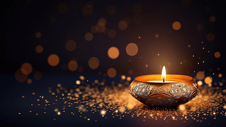 Beautifully wrapped Diwali gifts surrounded by diyas and flowers on a festive table
