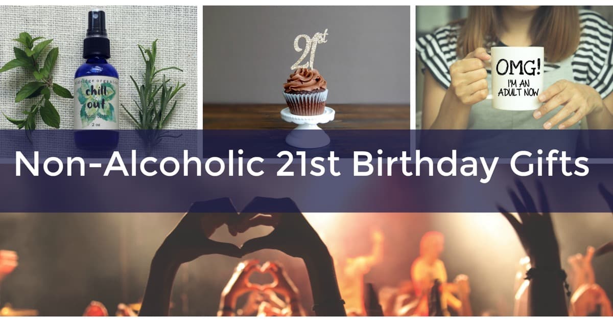 A collage of 21st birthday gift ideas: a Chill Out facial toner next to fresh herbs, a chocolate cupcake topped with a glittery 21st cake topper, and a woman holding a mug that reads OMG I'm an Adult Now
