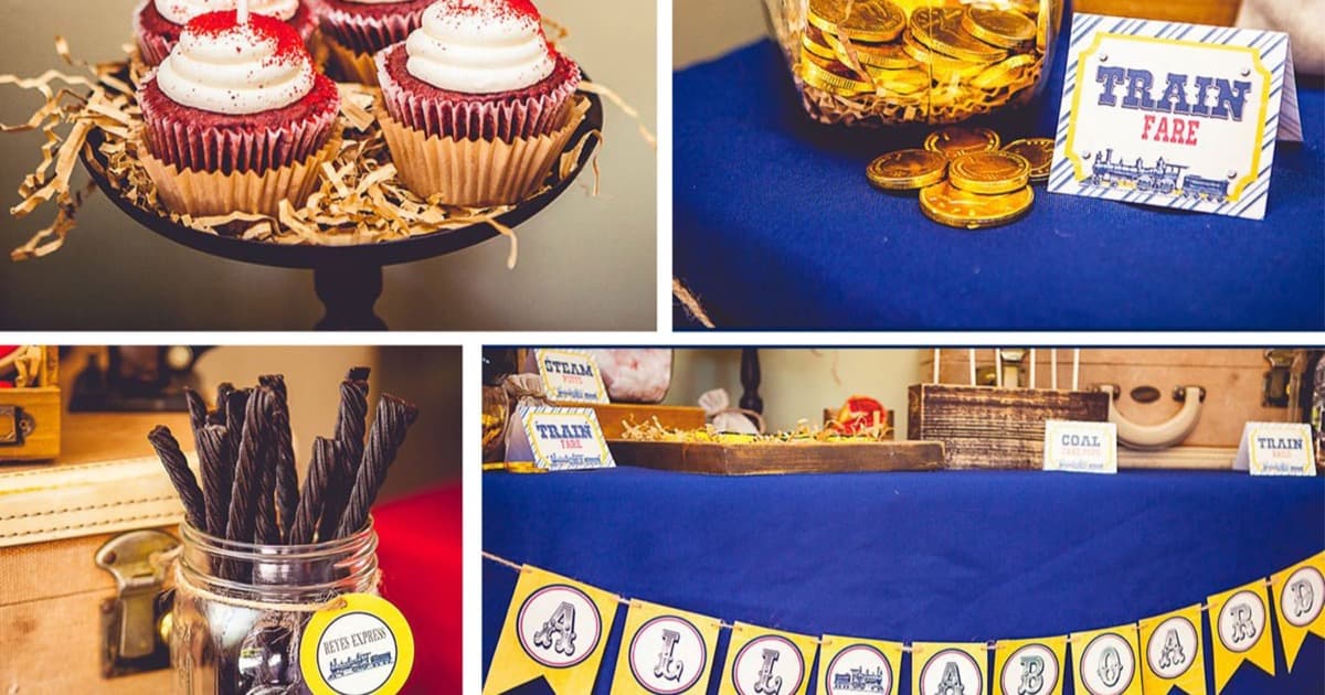A collage of a train-themed birthday party: cupcakes topped with number toppers, a jar of gold chocolate coins labeled Train Fare, and a yellow ALL ABOARD bunting banner