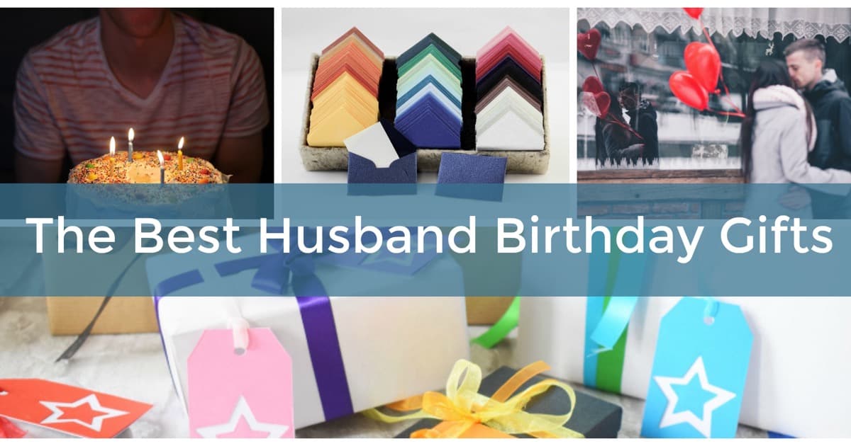 A collage of husband birthday gift ideas: a man blowing out candles on a birthday cake, a stack of colorful envelopes for open-when cards, and a couple embracing near red heart-shaped balloons