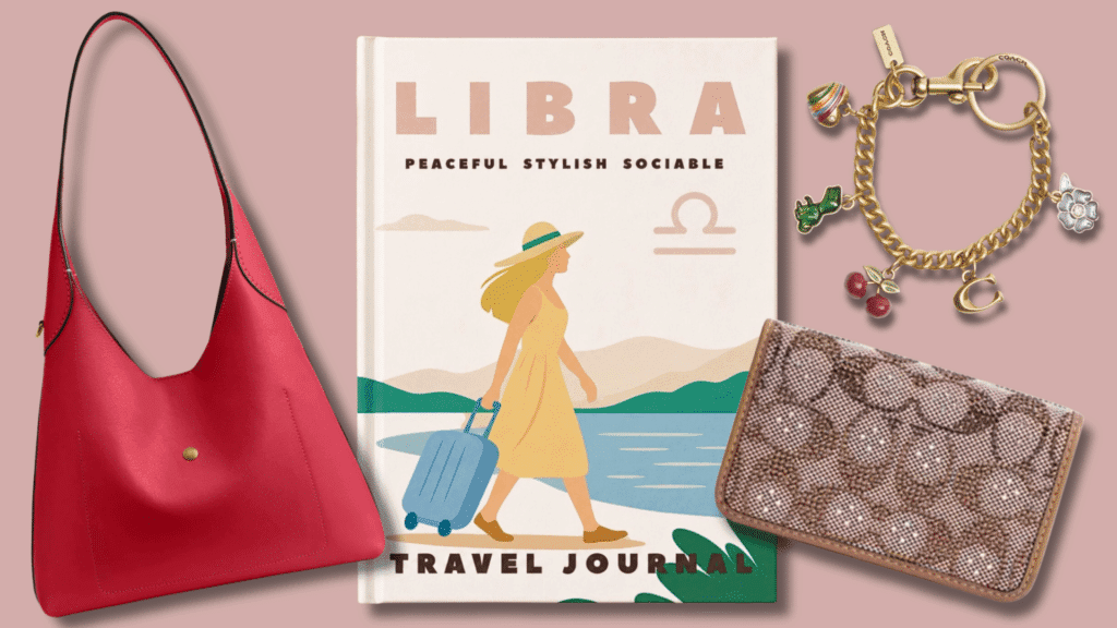 Libra gift collage featuring a COACH Brooklyn Shoulder Bag, a Libra travel journal, and a COACH card case and Motif Chain Bag Charm