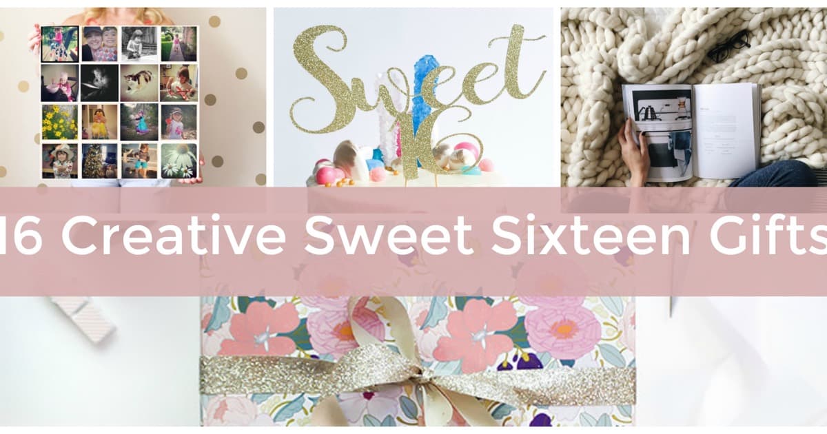 A collage of sweet sixteen gift ideas: a woman holding a grid collage of Instagram photos, a gold glitter Sweet 16 cake topper, and a cozy chunky knit blanket with an open book