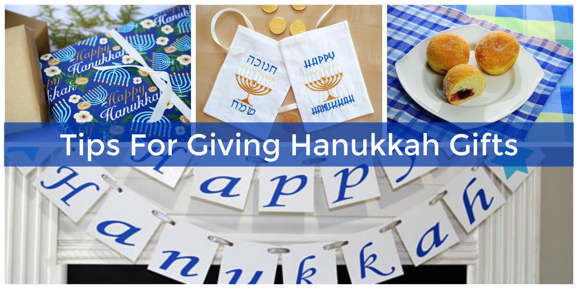 Hanukkah menorah with wrapped gifts and dreidels on a blue and silver holiday backdrop
