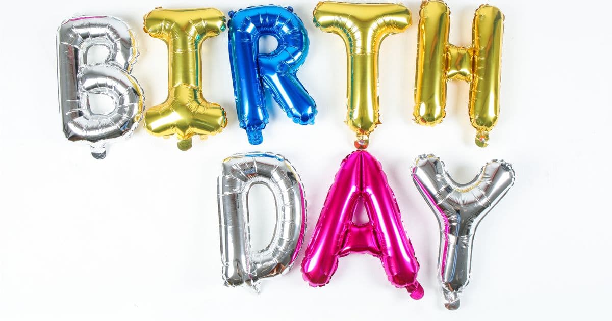 Metallic foil balloon letters spelling BIRTHDAY against a plain white background