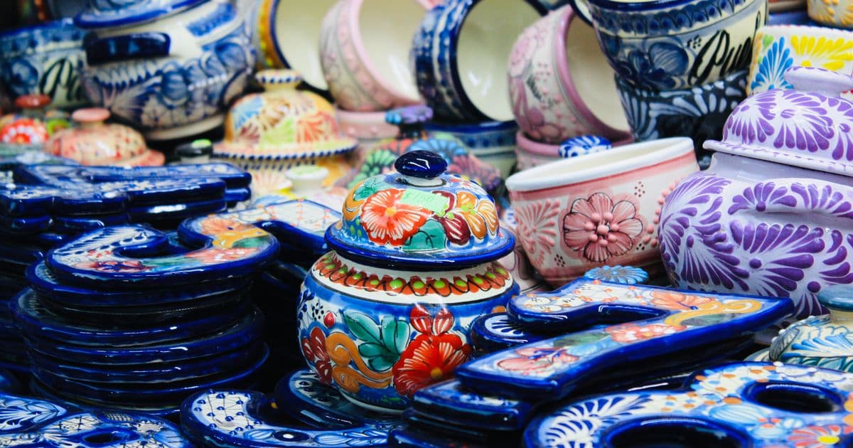 Colorful hand-painted Talavera pottery on display, representing Hispanic Heritage Month