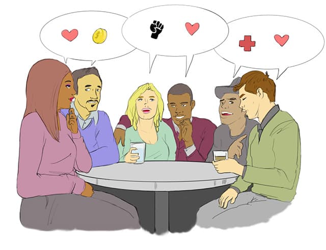 Adults playing icebreaker games at a party