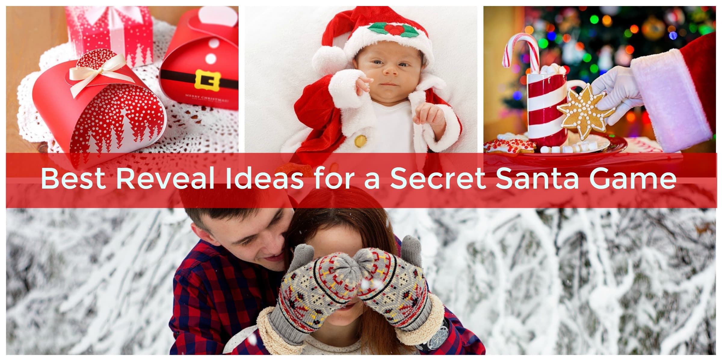 Group laughing and pointing as Secret Santa identities are revealed at a holiday party