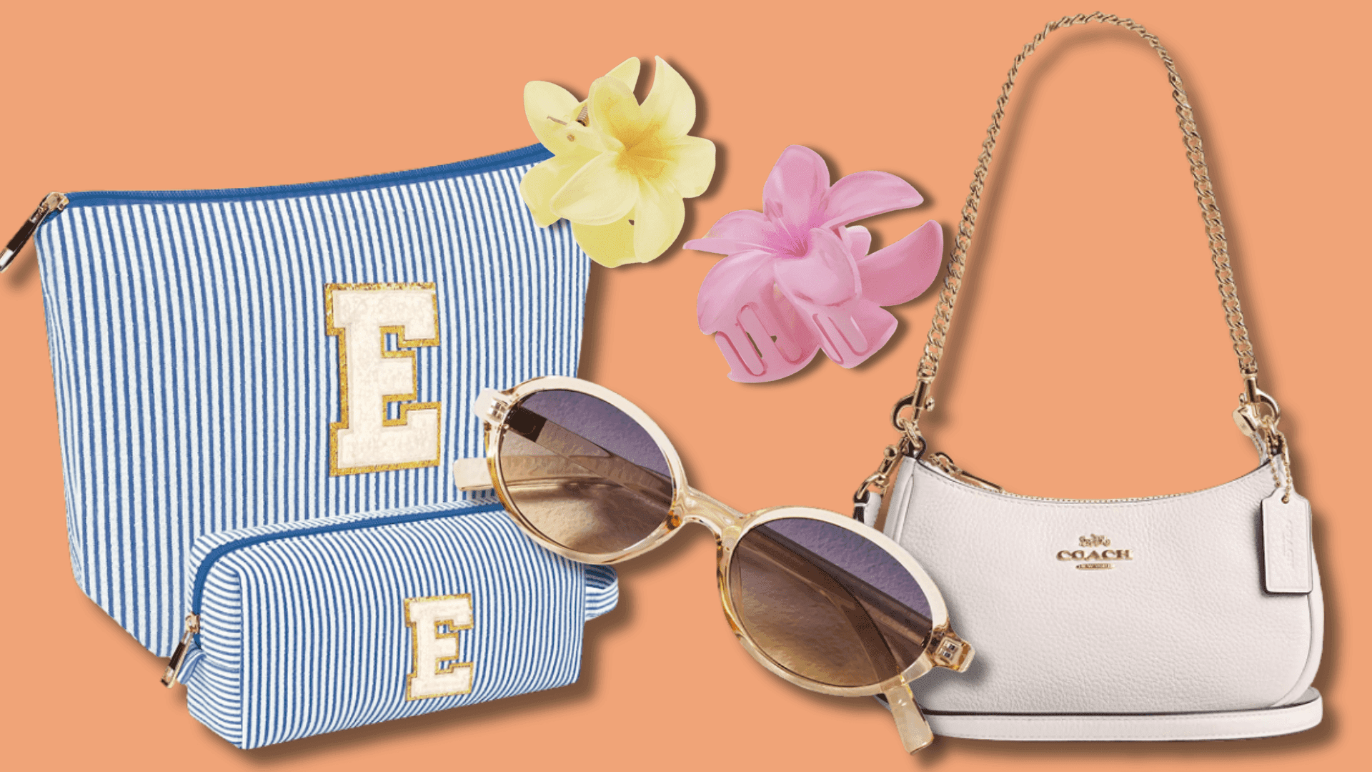 Summer accessories flat lay with crossbody bag, sunglasses, and claw clips