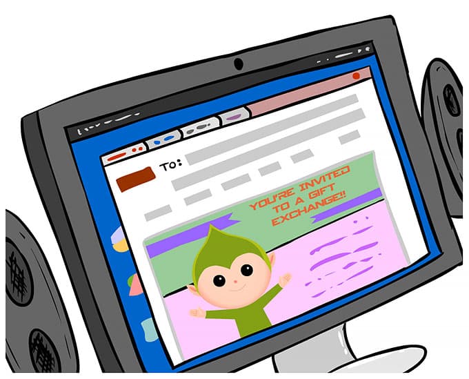 Laptop screen showing Elfster's virtual gift picker for an online gift exchange