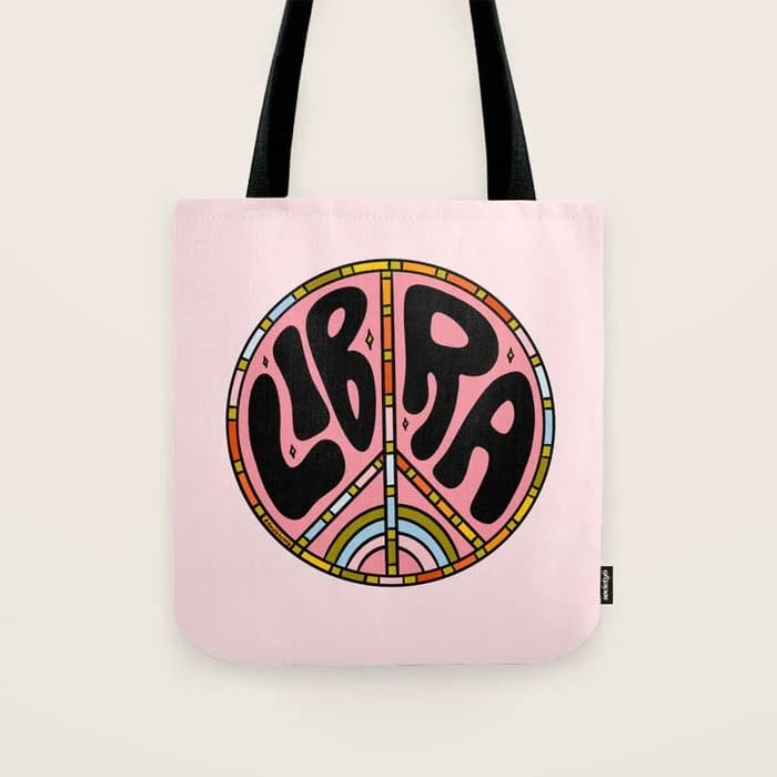Libra Peace Sign Tote Bag in pink with retro lettering