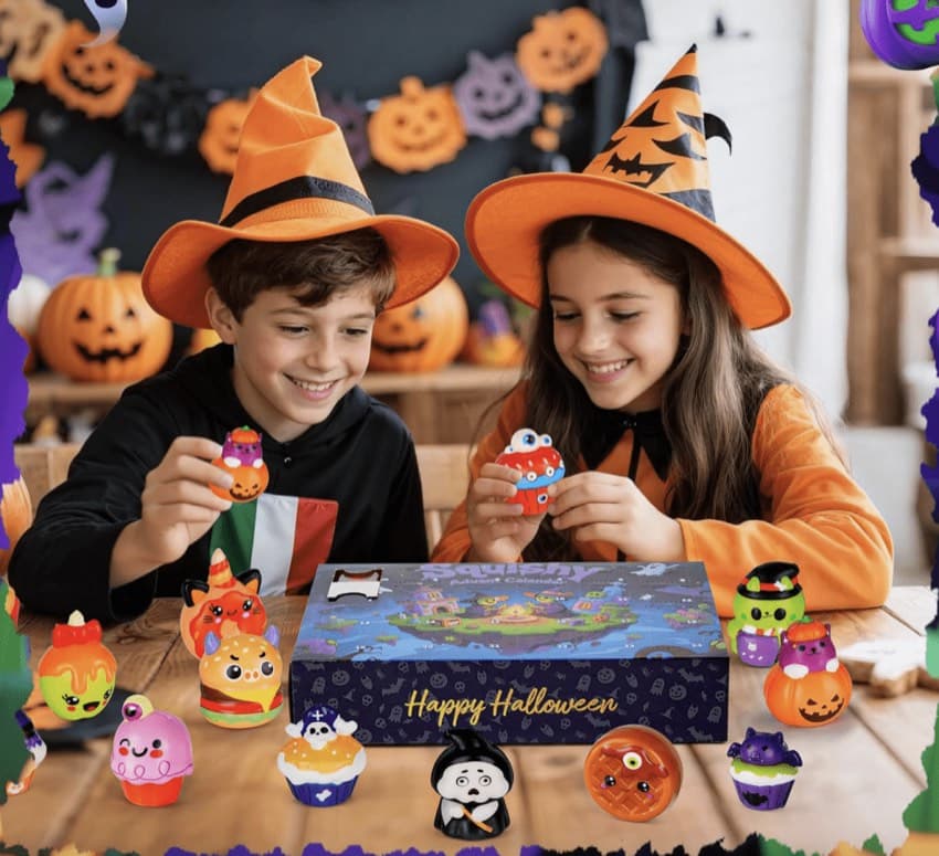 Kids opening a Squishy Halloween advent calendar