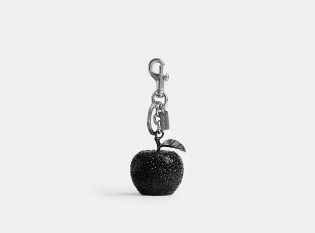 Crystal-encrusted black apple bag charm