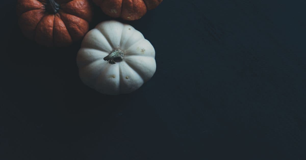 Three mini pumpkins, two orange and one white, on a dark surface