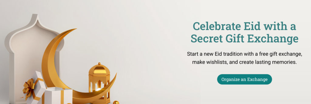 Photo of tabletop decor of white mosque, gold crescent moon, gold lantern and gift box with words Celebrate Eid with a Secret Gift Exchange