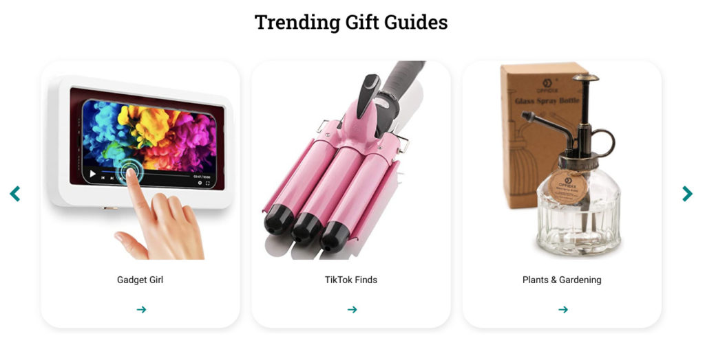 Screenshot of three Trending Gift Guides on Elfster website