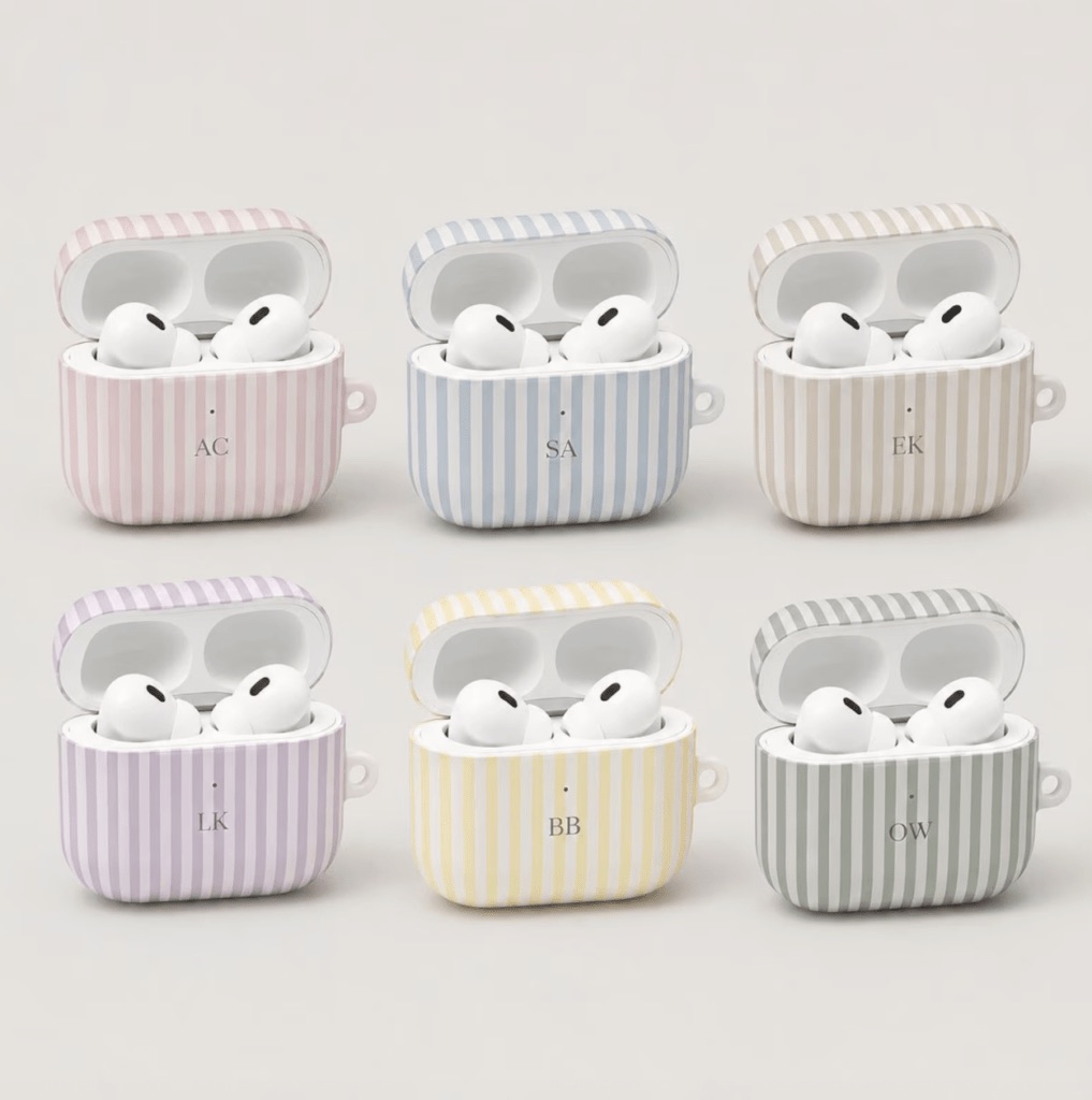 Personalized monogram AirPods cases in pastel stripes