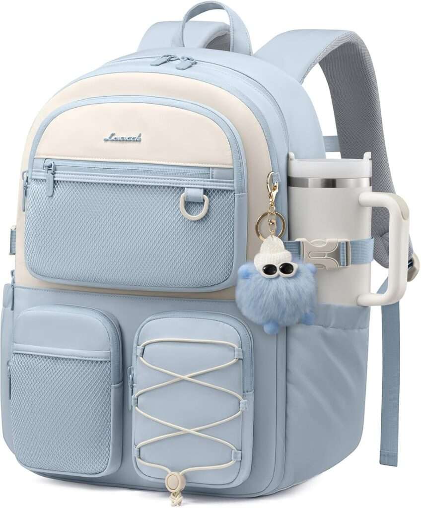 Light blue laptop backpack with built-in cup holder