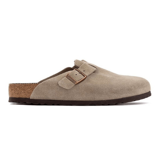 Men's Birkenstock Boston Soft Footbed Clog in taupe suede