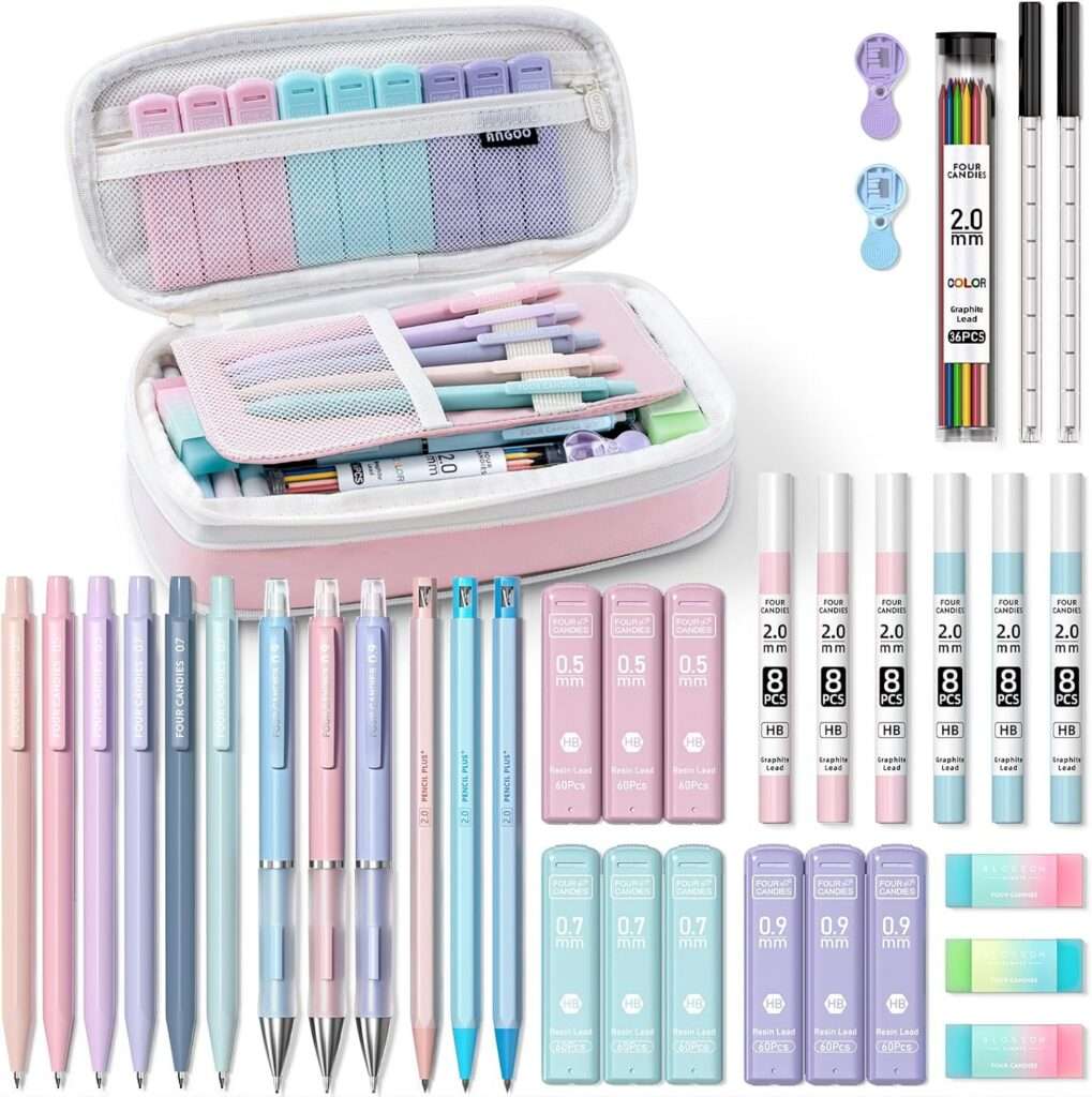 36-piece pastel aesthetic school supply set with pens, pencils, and a pencil case