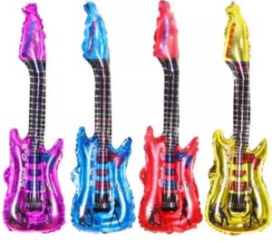 Colorful inflatable guitar-shaped party balloons in pink, blue, red, and yellow