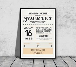 Framed vintage concert ticket stub displayed as wall art