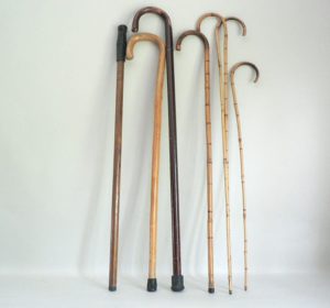 Five antique wooden walking canes of different styles leaning against a white wall