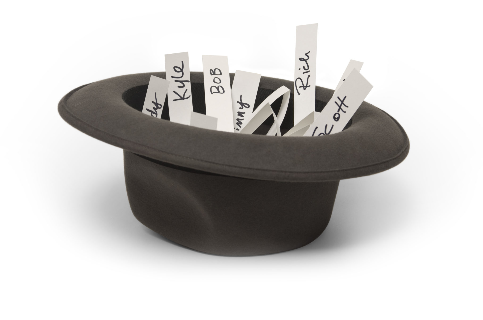 Gray top hat filled with folded paper name slips reading Kyle, Bob, Rich, Scott, and other names