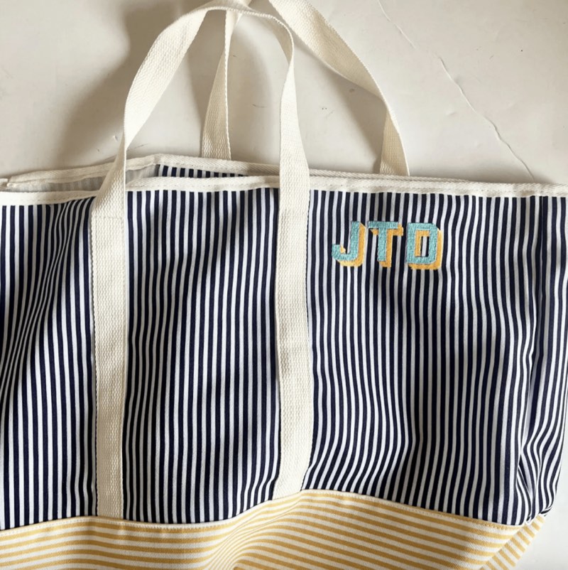 Personalized striped beach tote bag with monogram