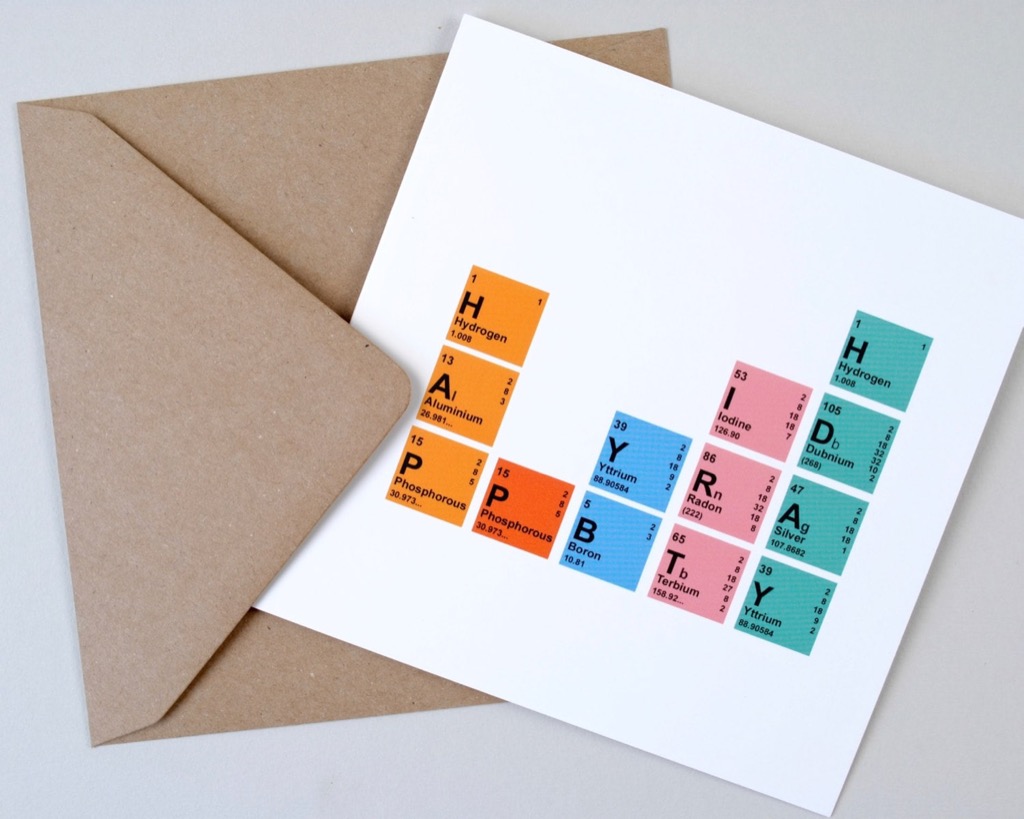 A greeting card spelling out a message using periodic table element tiles