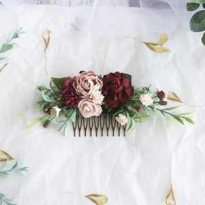 Floral hair comb with burgundy and blush flowers and greenery
