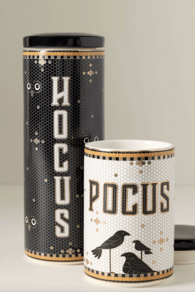 Bistro Tile Stoneware Halloween Canister Set with Hocus Pocus lettering