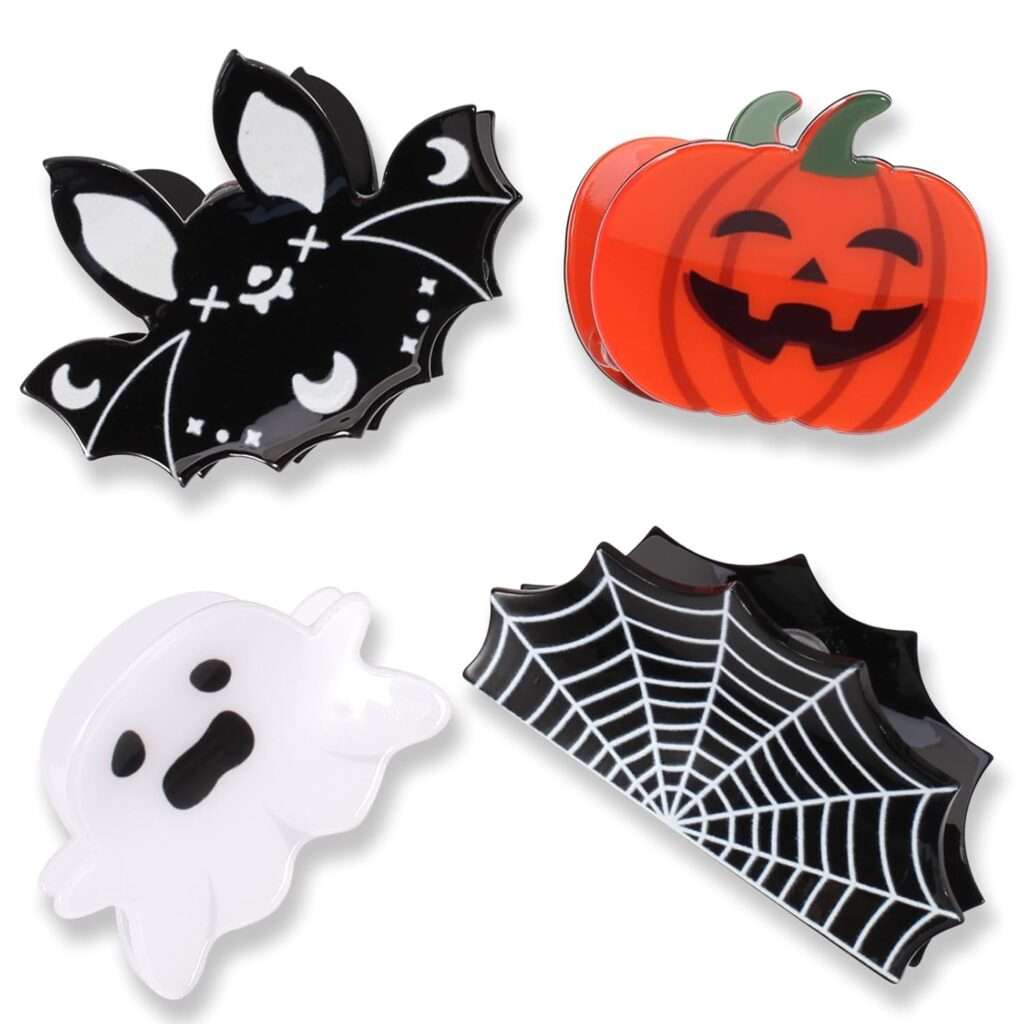 Playful Halloween hair clips shaped like a bat, pumpkin, ghost, and spiderweb