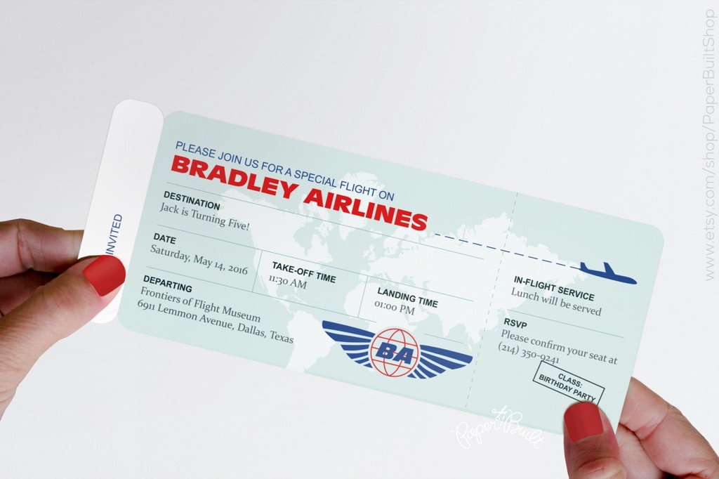 A playful boarding-pass-style birthday party invitation